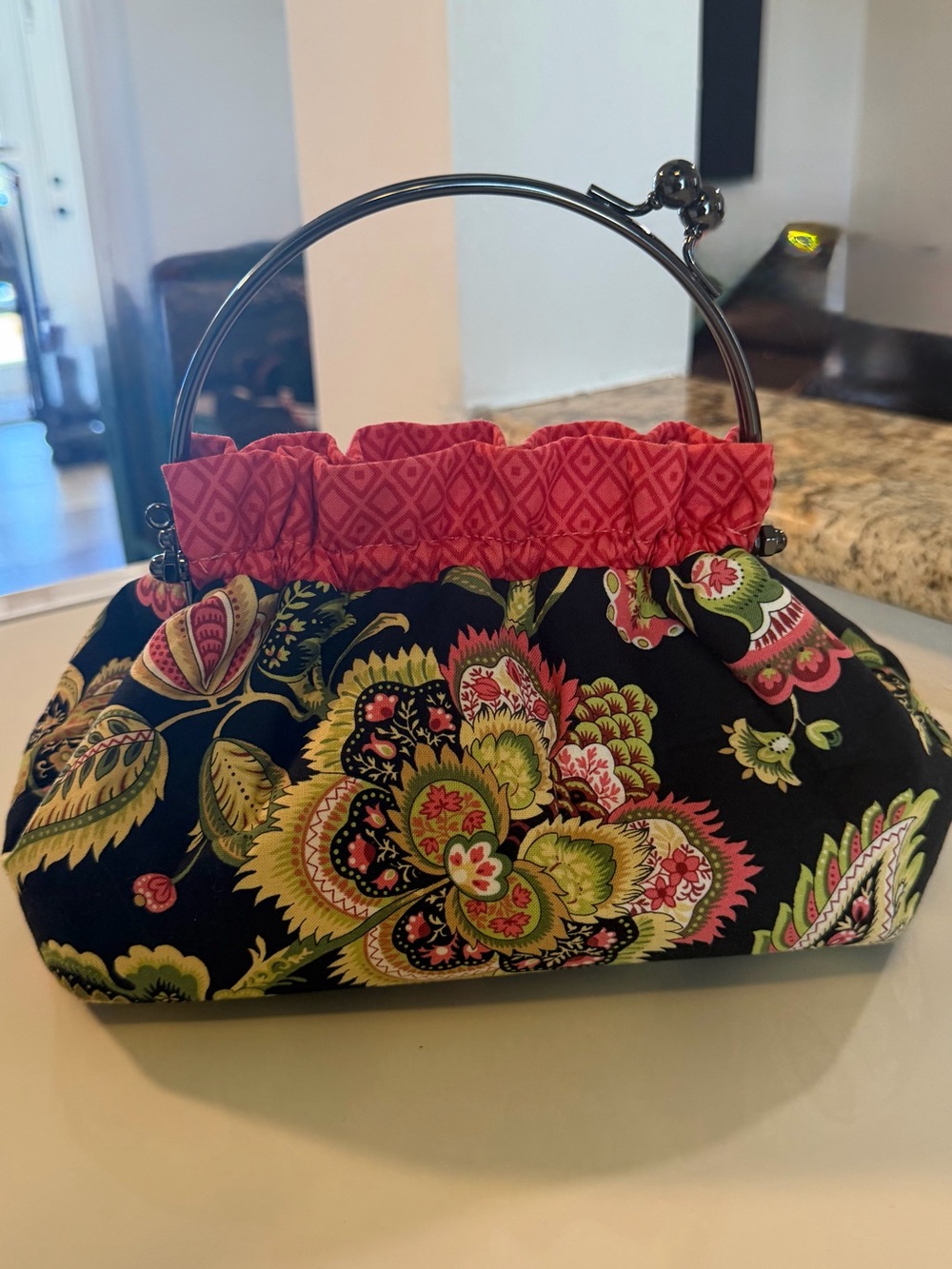 Black Floral Wristlet Clutch with Pink Trim